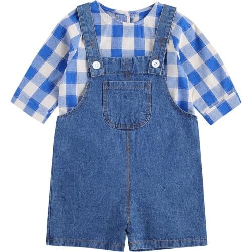2020 0-3Y Casual Toddler Baby Boy Clothing Blue Plaid Print Top Long Sleeve Pullovers+Denim Straps Shorts Overalls Autumn 2pcs