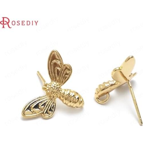 36047)6PCS 17x13MM 24K Gold Color Brass Bee Stud Earrings High Quality Diy Jewelry Findings Accessories