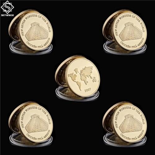 5PCS/Lot 2007 Mexico Chichen-Itza Seven Wonder of World Souvenir Token Coins Gold Plated Metal Medallion Coin