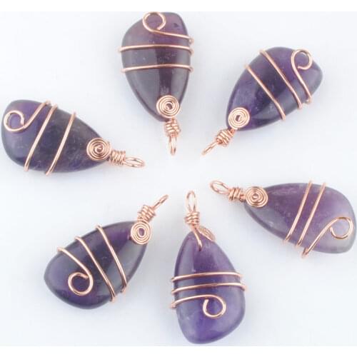6Pcs/Lot Natural Stone Amethysts Copper Wire Wrap Pendant Irregular Geometric Bead Rose Gold Color Dangle Charms Jewelry TN4170