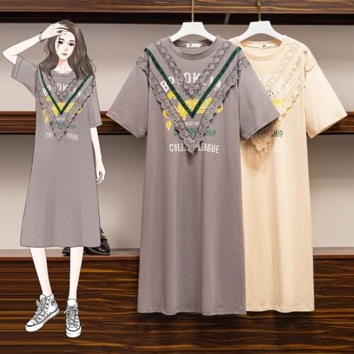 EHQAXIN Summer Plus Size Womens Printed Lace Trim Dress Fashion Round Neck Straight Hedging Short Sleeve T-Shirt Dresses L-4XL
