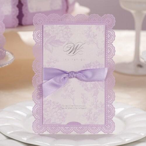 50pcs Elegant Purple Laser Cut Wedding Invitations Cards With Ribbon Bow for Bridal Shower Invitations Greeting Cards CW003