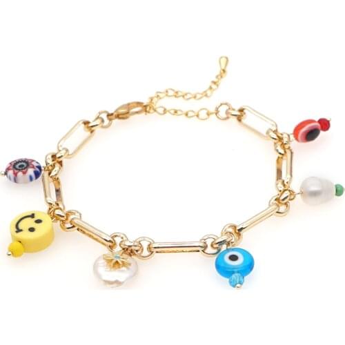 Go2boho Smiley Bracelets Charm Turkish Evil Eye Bracelet For Girl 2021 Gold Plated Chain Jewelry Pearl Jewellery Metal Pulsera