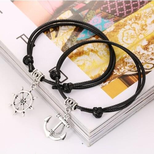 1 pair anchor Rudder Couple Bracelet Adjustable Handmade Braided Leather Rope Lovers fashion Jewelry Valentine gift Dropshipping