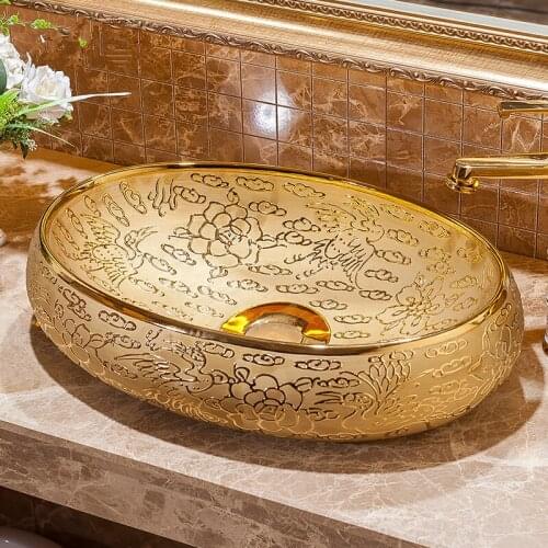 Chinese wash basin sink bathroom sink bowl countertop Ceramic wash basin Bathroom Sink oval gold