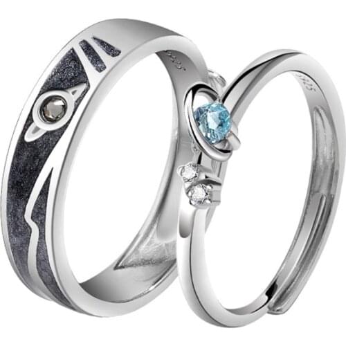 2Pc Trendy Saturn Planet and Stars Universe Galaxy- 925 Sterling Silver Lover Ring Matching Set Sea Blue Fashion Jewelry