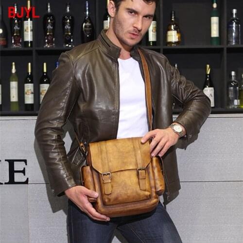 Leather Mens Bag Shoulder Bag Retro Casual Diagonal Bags Briefcase Tide Business Casual Vertical Section First Layer Leather
