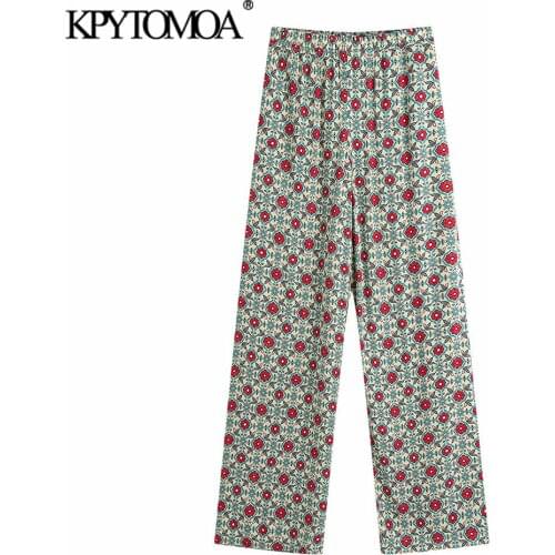 KPYTOMOA Women 2021 Chic Fashion Side Pockets Floral Print Straight Pants Vintage High Elastic Waist Female Trousers Mujer