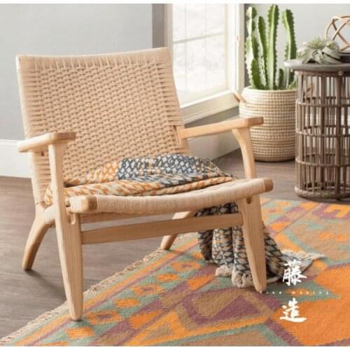 Balcony sofa chair wicker chair solid wood leisure indoor hotel Japanese-style single Nordic rattan home back chair