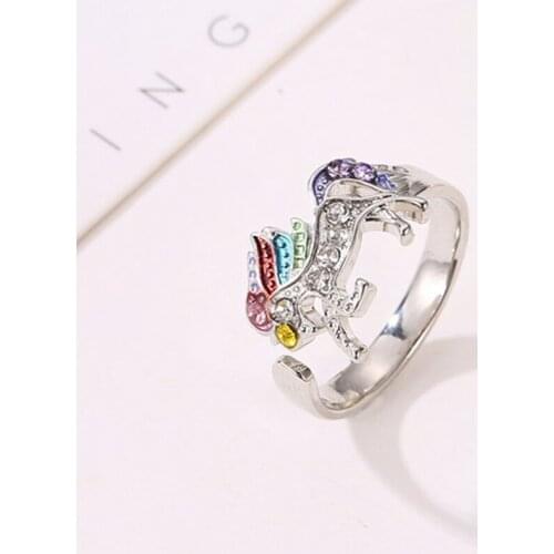 Fashion Cartoon Cute Unicorn Ring Adjustable Alloy Crystal Finger Ring Jewelry For Women Wholesale Gift Adjustable