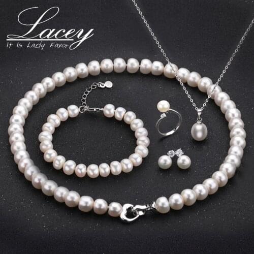 Fashion Real Pearl Necklace Sets For Women,Natural Freshwater Pearl Necklace Bracelet Earrings Ring 925 Silver Jewelry Sets