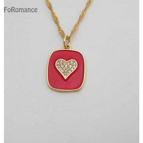 Fashion Heart CZ Stones Red Enameled Square Shaped Pendant Yellow Gold Plated 45CM Water Wave Chain Great Gifts Necklace #0665