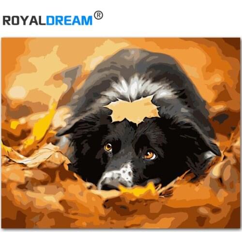 ROYALDREAM Autumn Leaves Puppy DIY Painting By Numbers Kit Paint On Canvas Painting Calligraphy For Home Decor