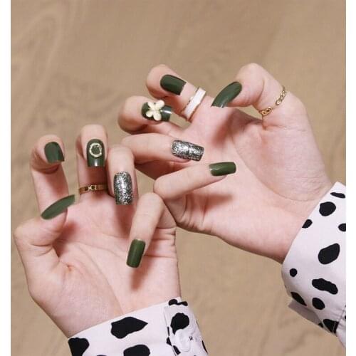 Fake Nails Olive Green Butterfly Mid-length Nail Stickers Finished Nail Stickers 24 Nail Stickers With Glue Nails Accesorios