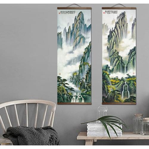 Chinese Traditional Style Ink Scenery Mountain Canvas for Living Bedroom Wall Art Poster Solid Wood Scroll Paintings Home Decor