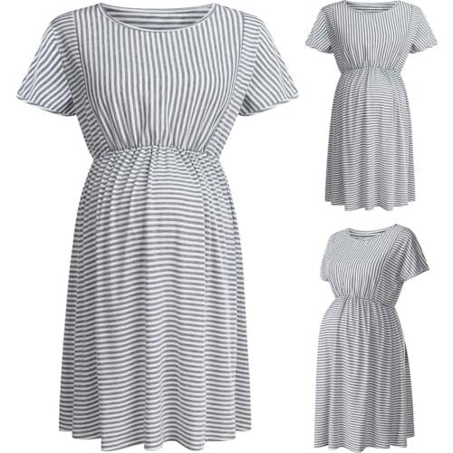 New Dress Maternity Dresses Womens Short Sleeve Striped Casual Summer Knee Length Pregnancy Clothes Ruched Pregnant Loose Dress