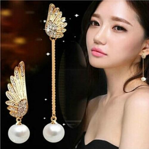 New fashion jewelry asymmetric earrings pearl pendant earrings female elegant long earrings elegant golden angel wings earrings