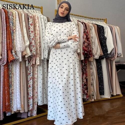 Refreshing White Print Maxi Dress for Women 2021 O Neck Long Sleeve Middle East Arabic Muslim Dubai Oman Moroccan Turkey Clothes