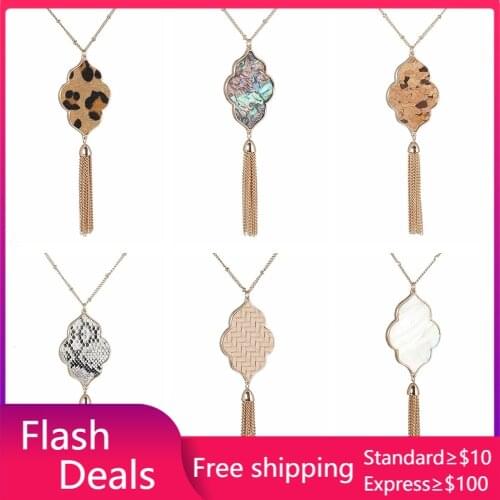 Abalone shell Leopard Curved Hexagon Pendant Necklace snakeskin leather wood grain Tassels Long Chain Necklaces brand jewelry