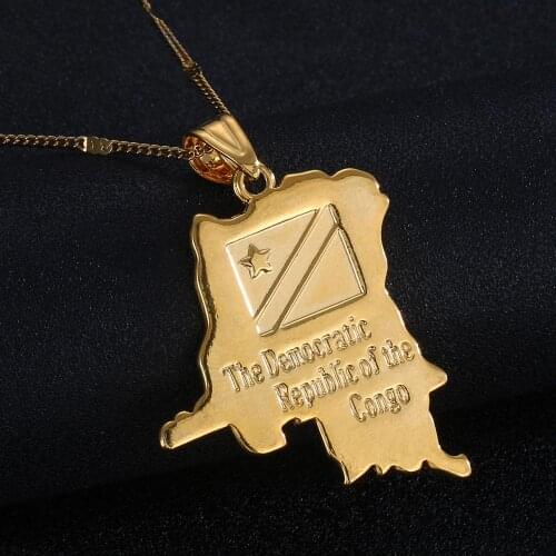 Gold Color Democratic Republic of The Congo National Flag Map Pendant Necklace DRC Kinshasa Jewelry