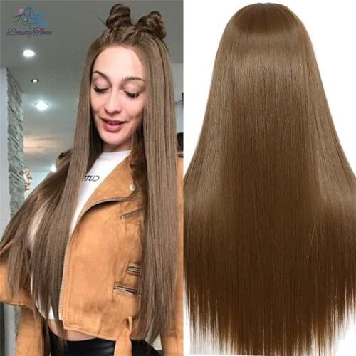 BeautyTown Long Straight Brown Lace Wig T Part No-Tangle Futura Fiber #10 Color Daily Wedding Makeup Layers Synthetic Lace Wig
