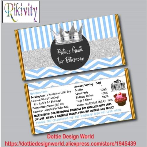 Personalized Silver Crown Prince Birthday Party Candy Bar Hershey Wrapper Water Bottle Wine Label Baby Shower Wedding Decoration