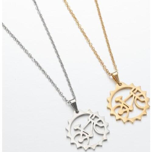 AsJerlya Casual Bicycle Stainless Steel Chain Necklace For Women Men Gold Color Geometric Gear Choker Sun Pendant Necklace