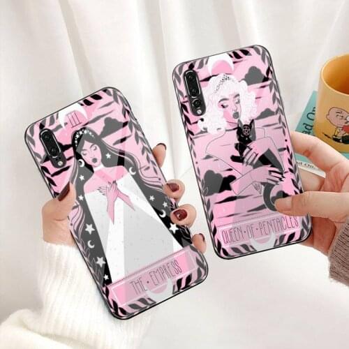Pink Tarot Moon Cat Phone Case Tempered Glass For Huawei P30 P20 P10 lite honor 7A 8X 9 10 mate 20 Pro