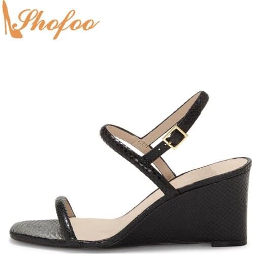 Black Snake High Wedge Heels Women Sandals Open Toe Narrow Band Buckle Strap Large Size 15 16 Ladies Fashion Mature Shoes Shofoo