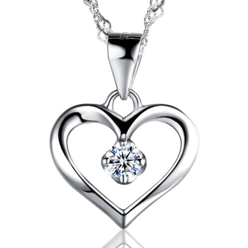 Elegant 925 Sterling Silver Cubic Zirconia CZ Crystal Heart Pendant Necklace Colllar Women Wedding Anniversary Jewelry