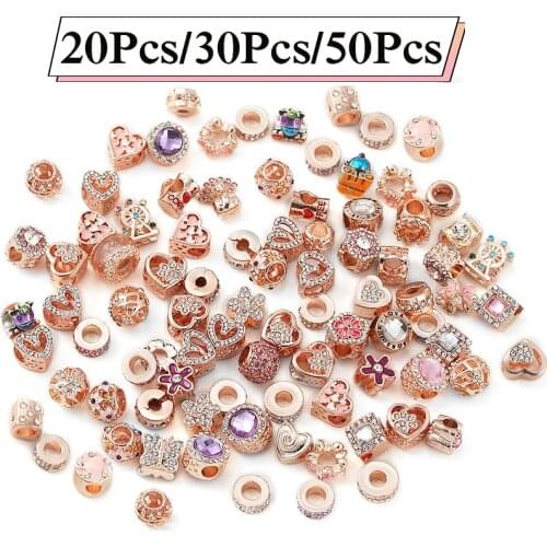 100Pcs Silver Plated Sparkling Rose Gold Charm Bead Pendant Fit Original Bracelet Necklace Jewelry Gift Mixed Random Delivery