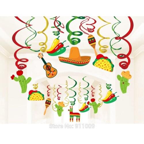 30pcs Mexico Party Cactus Foil Spirals Cinco de Mayo PVC Hanging Swirl Ceiling Spiral Ornament Backdrops Party Decorations