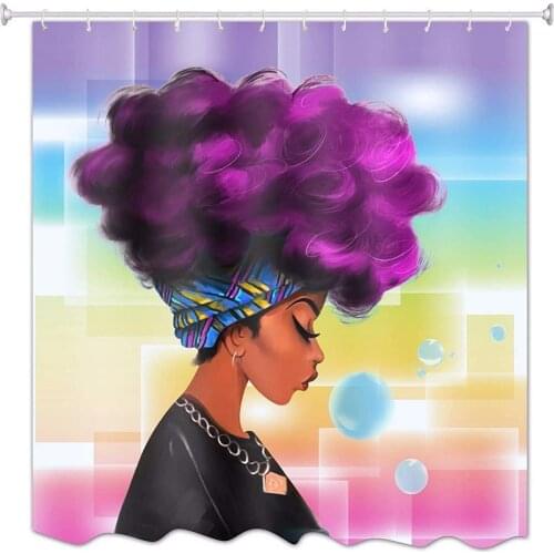 African American Woman Shower Curtain for Bathroom Colorful Painting Black Girl Purple Hair