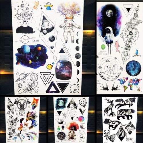 Watercolor Moon Temporary Tattoo Stickers Women Body Art Astronaut Flash Tatto Men Chest Planet Waterproof Stars Tattoo Supplies