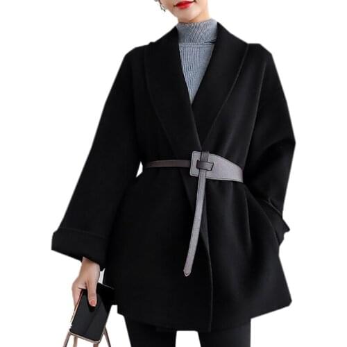 Double Sided Woolen Coats Womens Spring Autumn Lapel Bat Womens Clothing Coat Female Cape Outcoat Solid Color Lacing Outwear