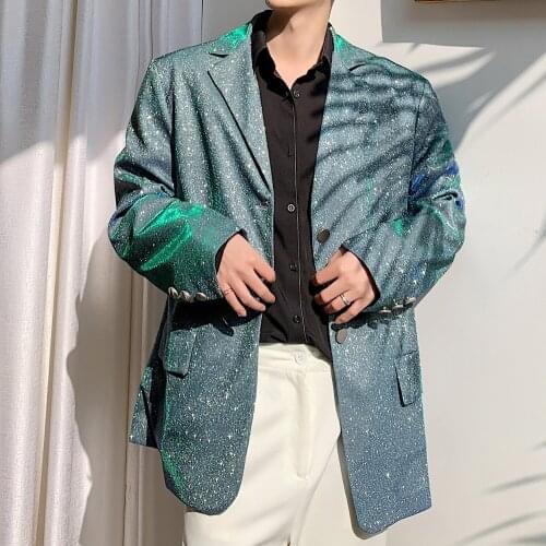 Hombre Casual Blazer Jacket Overcoat Male Vintage Fashion Suit Coat Outerwear Stage Show Clothes Men Blue-green Shining