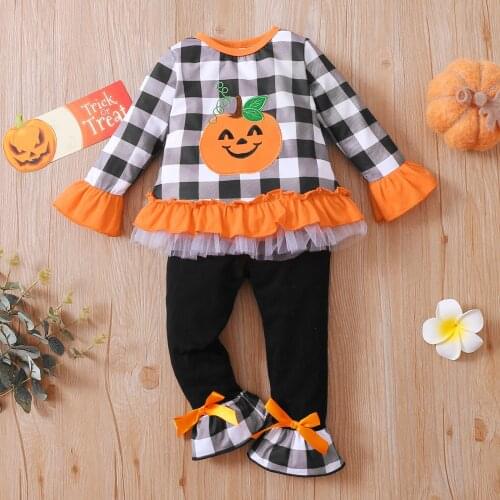 Plaid Ruffles Set Baby Girl Clothes Halloween Pumpkin Printed Plaid Ruffles Tops+pants Outfits Suit Costume（6M-5T）детская Одежда