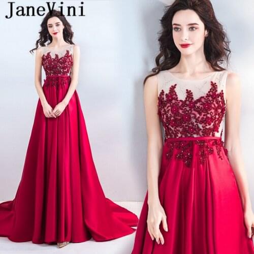 JaneVini 2018 Red Satin A Line Mother of The Bride Dresses 3D Flowers Beaded Sheer Back Sweep Train Womens Formal Evening Gowns