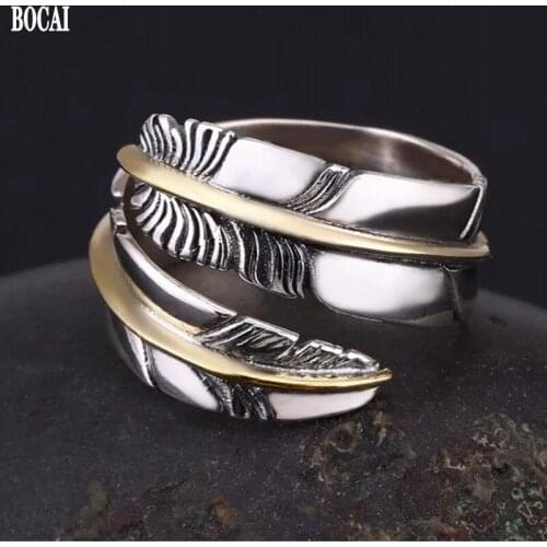 BOCAI New 2021 Trend Real s925 Silver Jewelry Open Feather Individual Index Finger Single Couple Men and Women Ring