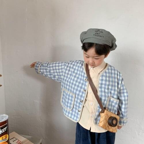 Autumn 2021 boys girls korean style plaid thin coats children washed cotton loose jackets 2-7Y