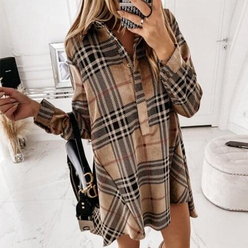 Autumn Elegant Women Plaid Dress Fashion Turn-down Collar Mini Dresses Spring Ladies Casual Long Sleeve Irregular Dress Vestidos