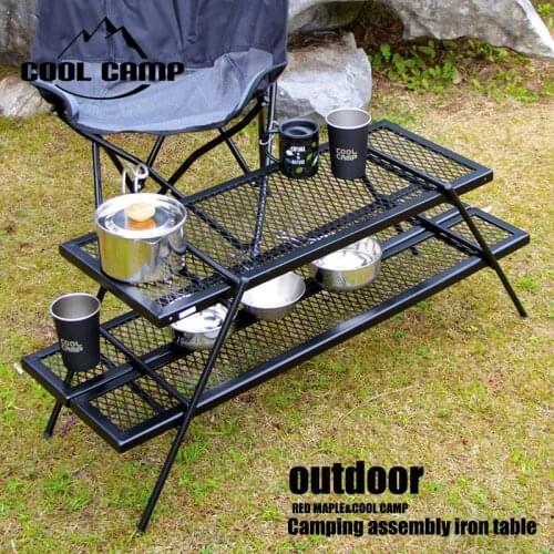 Outdoor camping portable barbecue table multi-function combination picnic table net table shelf flower stand folding low table
