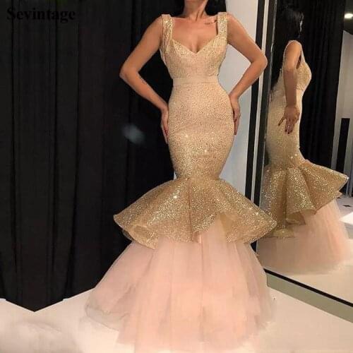 Sevintage Sexy Mermaid Glitter Sparkly Tulle Evening Dress V-Neck Floor Length Prom Gowns Sleeveless Celebrity Dresses FOR Women