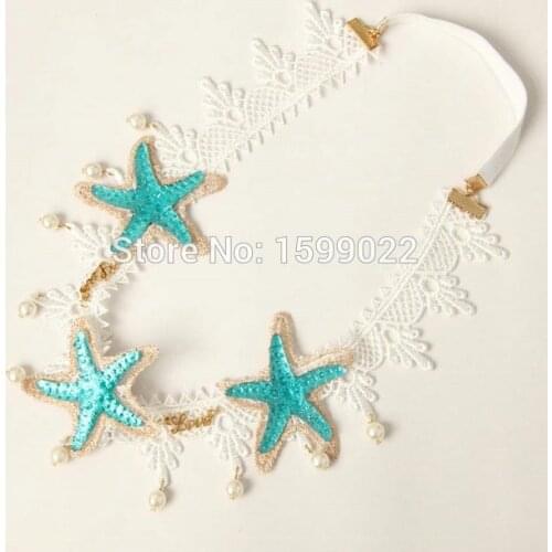 Shabby Chic Women Beach Hawaii Starfish Hair Accessories Stretch Marine Wedding Mermaid Headband Headpiece with Beaded Pendants