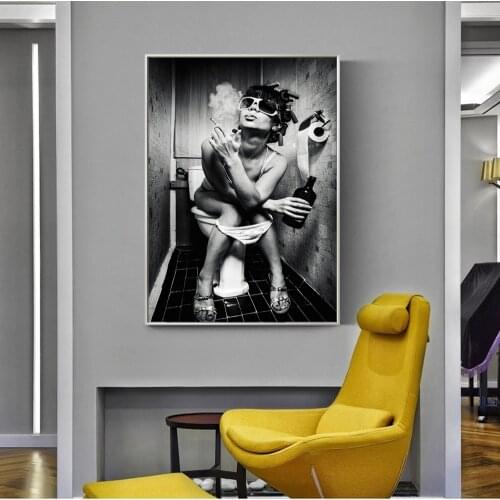 Sexy Woman on Toilet Wall Posters and Print Woman with Cigarette Pop Art Canvas Black and White Canvs for Home Wall Decor