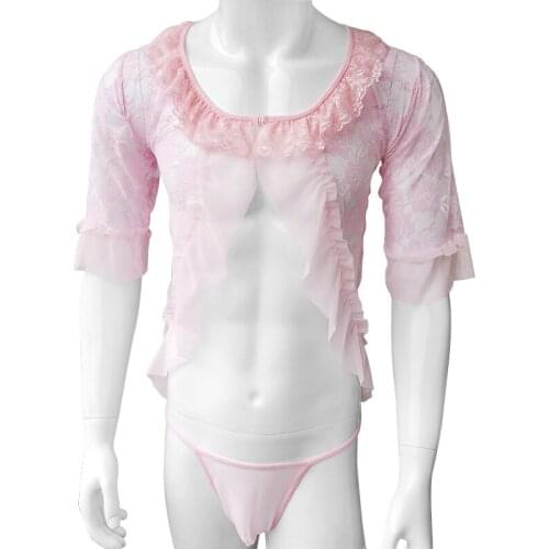 Thin sheer Sexy lingerie Set For Sissy Floral Lace Sleep Wear Panties Thong Gay Male Men Underwear Erotic Open Check Underwear