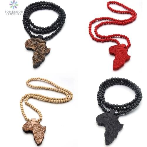 SOMESOOR Vintage Natural Wood African Map Pendant Necklace Engraved Afro Ethnic Pattern Elastic Beads Chains For Women Gifts