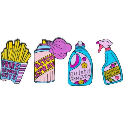 2pcs/set Funny Remover Repellent Pins Cute French Fries Spray Enamel Pins Brooch Feminism Jewelry Badge Denim Jackets Lapel Pin