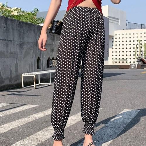 Women Summer Chiffon Print Dot Pants 2021 Ladies Office Lady Fashion High Waist Pencil Pant Girls Plus Size Korea Style Clothing