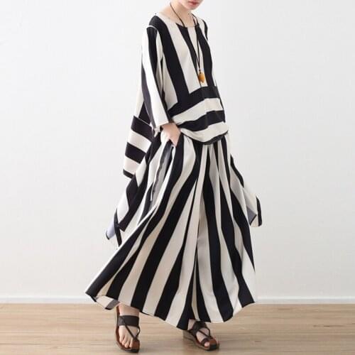 Johnature Women Stripe O-Neck Irregular Three Quarter Sleeve Pants Suit 2021 Summer New Viscose Casual Loose Pants Suit